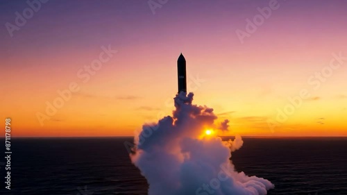 A missile launches from a underwater submarine in the ocean during a beautiful sunset