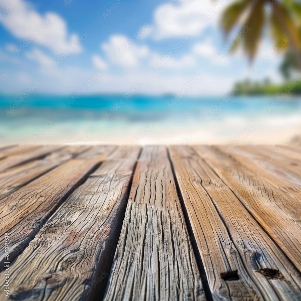 A rustic wooden pier stretches towards a vibrant turquoise ocean with a tropical beach and palm tree in the background, creating a sunny and tropical seaside scene.