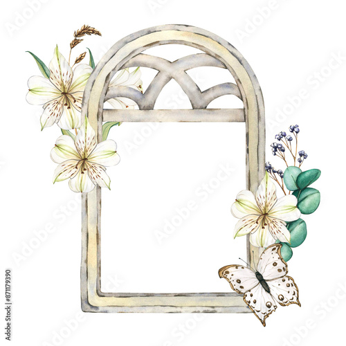 Gothic window with White flowers and Butterfly. Medieval stained glass window and stone arch. Architectural element buildings. Floral botanical Watercolor illustrations in calm white tones