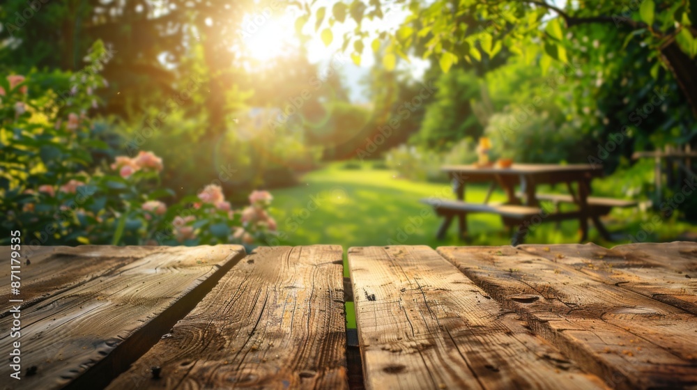 A wooden table set in the foreground with a beautifully lit garden in the background, radiating a peaceful and calm ambiance with blooming flowers and green foliage. A wooden table set in the foreground with a beautifully lit garden in the background, radiating a peaceful and calm ambiance with blooming flowers and green foliage.