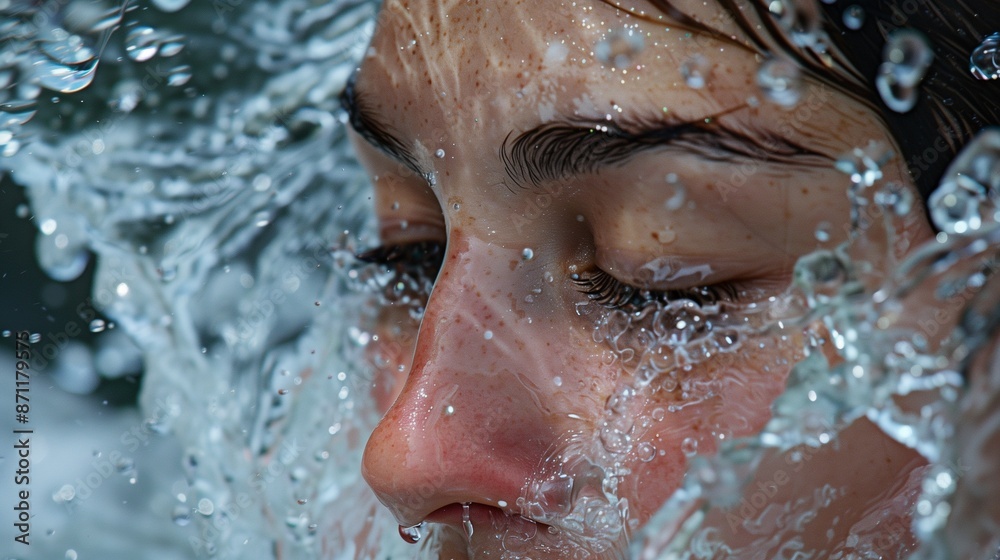 Close-Up of Face with Water Splashing and Eyes Closed Capturing the Refreshing Moment Close-Up of Face with Water Splashing and Eyes Closed Capturing the Refreshing Moment