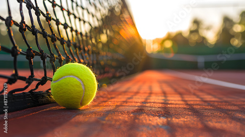 a vibrant tennis ball sits on a red clay court, casting a shadow with the net and trees illuminated by sunlight isolated on white background, png photo