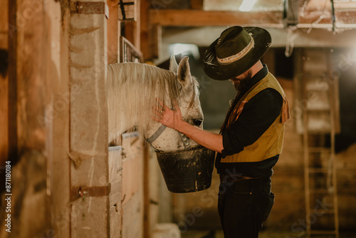 Side view of horse breeder feeding a horse in a stable.