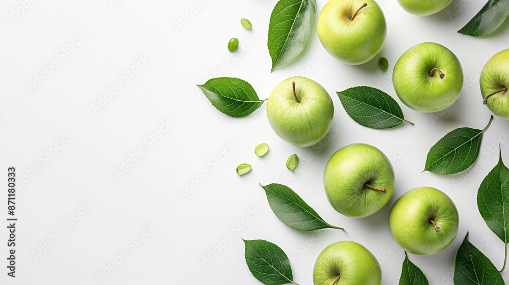 custom made wallpaper toronto digitalA bunch of green apples with leaves on the ground. The apples are arranged in a circle and are surrounded by leaves