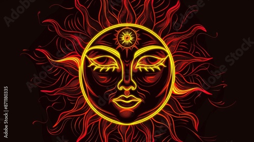 This image showcases an abstract artistic representation of a fiery sun, featuring swirling flames and intricate patterns in vibrant red and yellow colors.