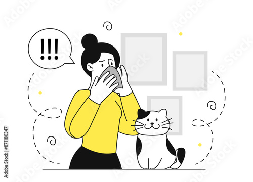 Woman with cat allergy. Young girl sneezes next to pet. Health problems and allergen reactions. Person suffer from allergy. Linear flat vector illustration