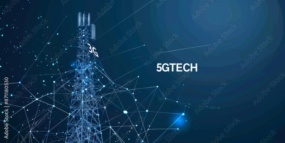 Abstract digital illustration of 5G technology telecommunications tower Abstract digital illustration of 5G technology telecommunications tower