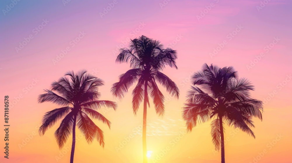 A stunning depiction of three palm trees standing tall against the backdrop of a vibrant, colorful sunset sky, creating a picturesque and serene tropical landscape scene. A stunning depiction of three palm trees standing tall against the backdrop of a vibrant, colorful sunset sky, creating a picturesque and serene tropical landscape scene.