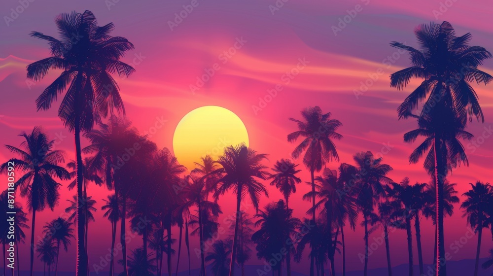 A vivid sunset casts a beautiful array of colors in the sky, highlighting the silhouettes of tall palm trees, creating a serene and picturesque tropical scene. A vivid sunset casts a beautiful array of colors in the sky, highlighting the silhouettes of tall palm trees, creating a serene and picturesque tropical scene.