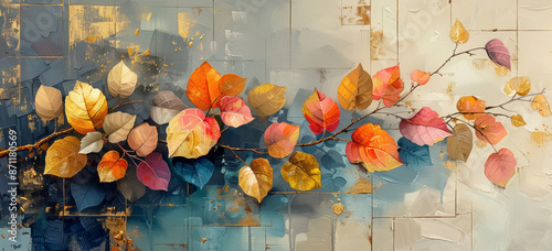 Delicate branch and square shaped oil painting abstract background. Wallpaper cover design.