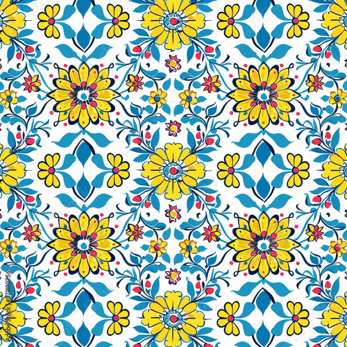 A floral pattern with yellow flowers and blue leaves