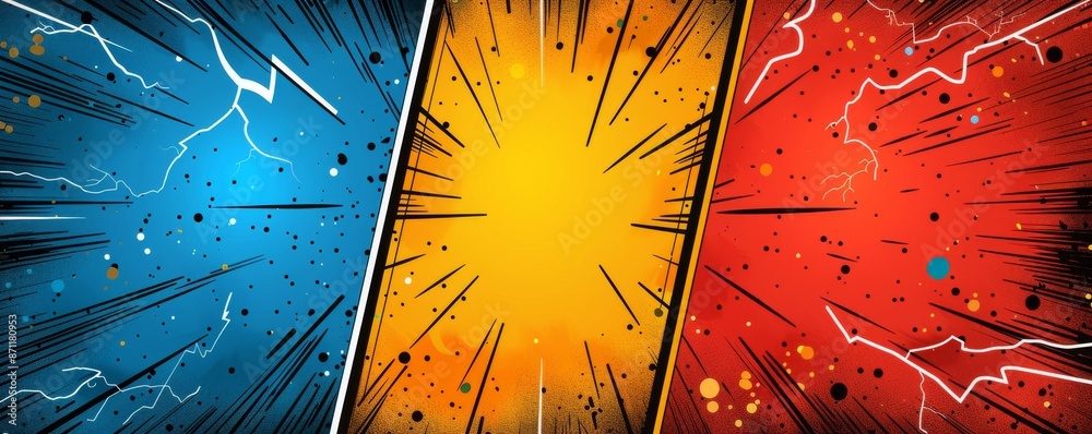 Colorful comic book style background with blue, red, and yellow panels