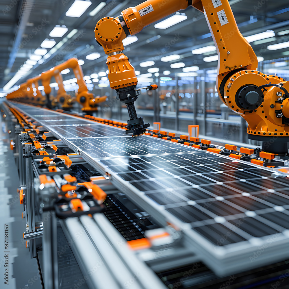 Solar Panel Production Line With Orange Robot Arms At Modern Bright