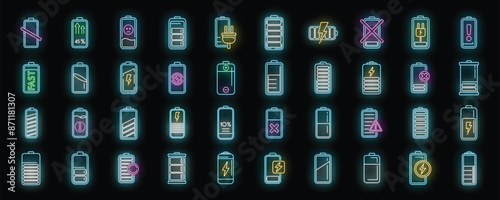 Battery charge icons set outline vector. Charge energy. Power phone neon color on black