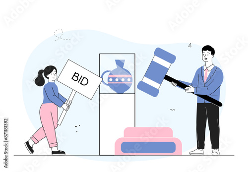 People with auction. Man sells ceramic vase and art objects. Financial transactions and business on Internet. NFT trading. Non fungible token and cryptocurrency. Linear vector illustration