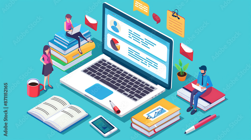 3D isometric illustration of students using a laptop, books and other educational tools for online learning or remote education. 3D isometric illustration of students using a laptop, books and other educational tools for online learning or remote education.