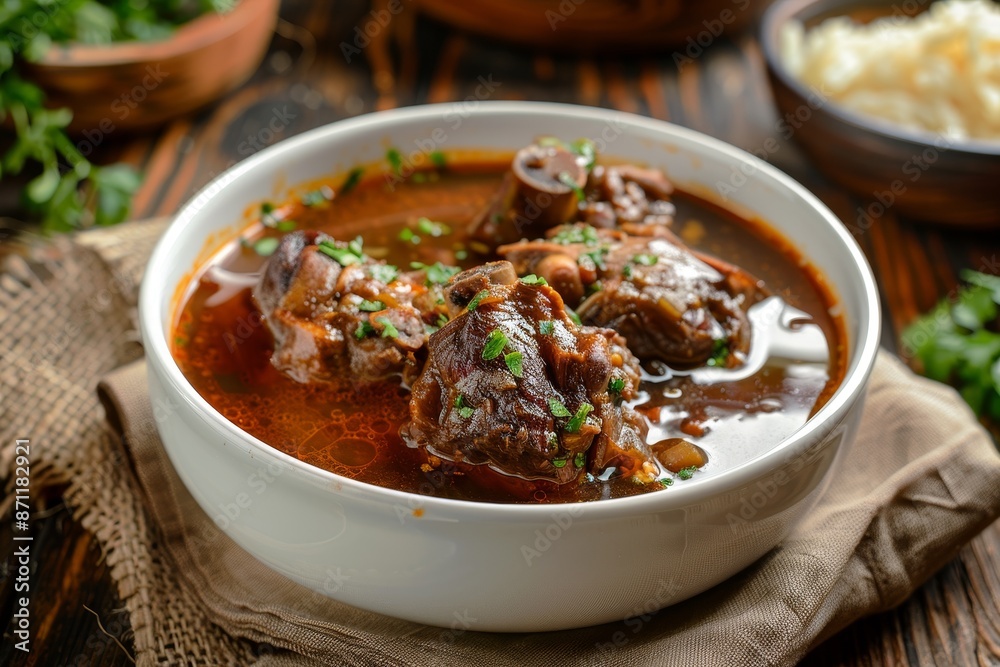 Delicious halal oxtail soup served on a white dish Delicious halal oxtail soup served on a white dish