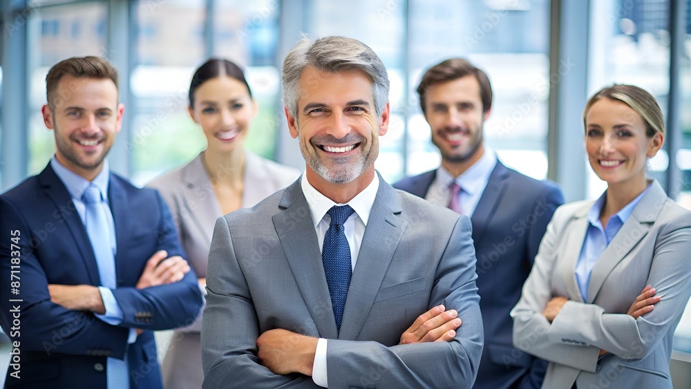 lächelnder manager mit seinem team lächelnder manager mit seinem team