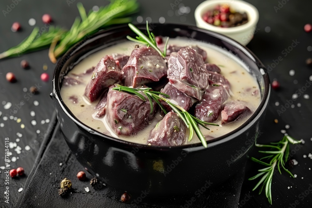Fresh beef liver marinated in milk in a dark container Fresh beef liver marinated in milk in a dark container