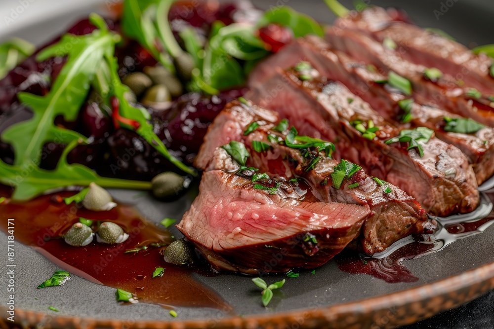Dry aged angus roast beef steak with capers rocket lettuce and amarena cherry sauce on a Nordic plate with copy space Dry aged angus roast beef steak with capers rocket lettuce and amarena cherry sauce on a Nordic plate with copy space