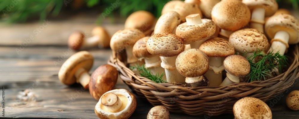 A woven basket filled with fresh mushrooms, displayed on a rustic wooden table with greenery in the background, showcasing nature's bounty in a charming setting. A woven basket filled with fresh mushrooms, displayed on a rustic wooden table with greenery in the background, showcasing nature's bounty in a charming setting.