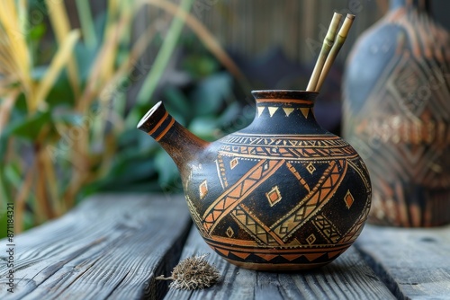 Ethnic adorned calabash with metal straw
