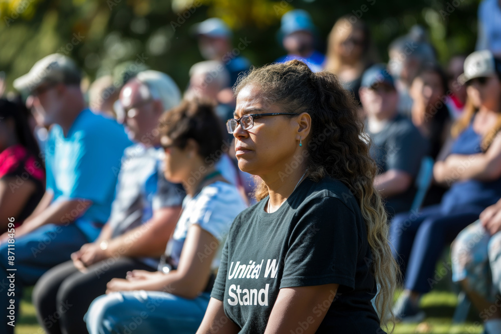 Obraz premium Amidst gathering,woman is seated wearing black shirt,which seems to be part of relaxed and enjoyable ambiance,filled with aspects of travel and entertainment.The sentiment United we stand is palpable.