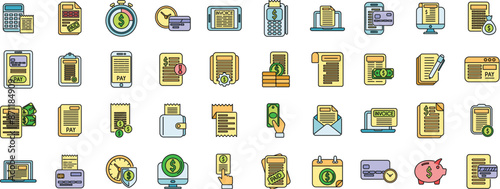Payment terms icons set outline vector. Card credit. Document recharge thin line color flat on white