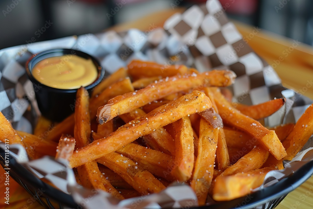 Crispy sweet potato fries served with creamy dip