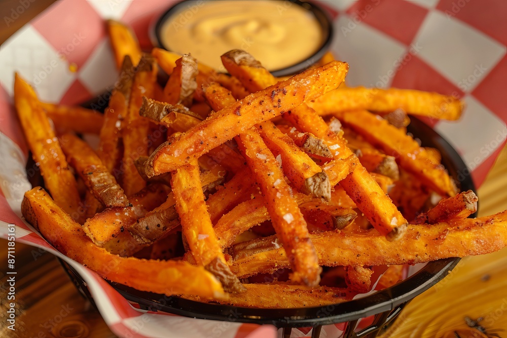 Crispy sweet potato fries with creamy dip in a wire basket on red and white checkered paper Crispy sweet potato fries with creamy dip in a wire basket on red and white checkered paper