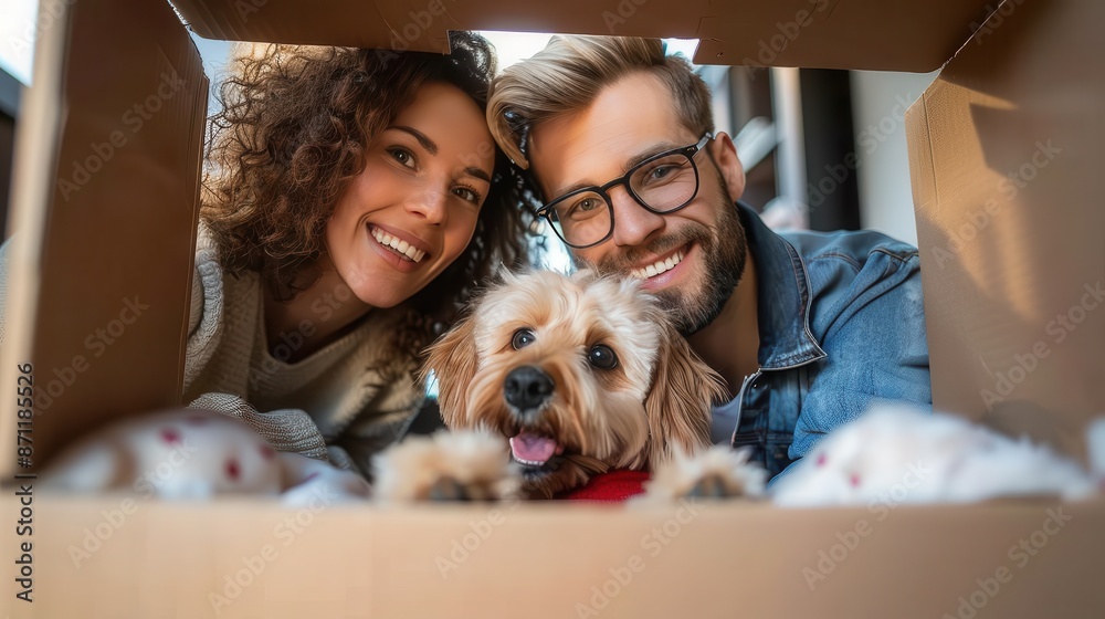 A delighted couple and their happy dog share a joyous moment inside a cardboard box, capturing love and companionship with big smiles. A delighted couple and their happy dog share a joyous moment inside a cardboard box, capturing love and companionship with big smiles.