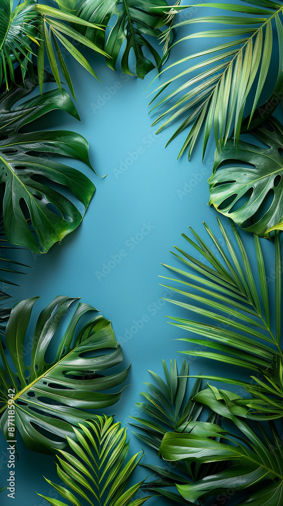 Obraz premium Tropical Palm leaves. Summer exotic trendy background with place for text 