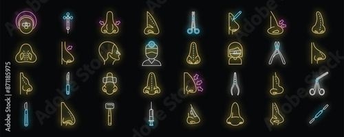 Rhinoplasty icons set outline vector. Human nose. Woman anatomy neon color on black