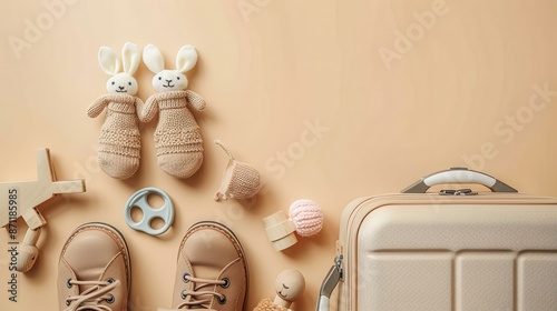 An image of a packed suitcase with baby shoes, knitted bunny toys, and minimalist travel essentials, arranged neatly against a beige background for a seamless travel experience. photo