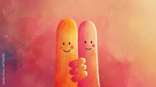 Heartwarming image featuring two smiling fingers holding each other against a soft pink background, representing love, support, and friendship in a minimalist artistic style.