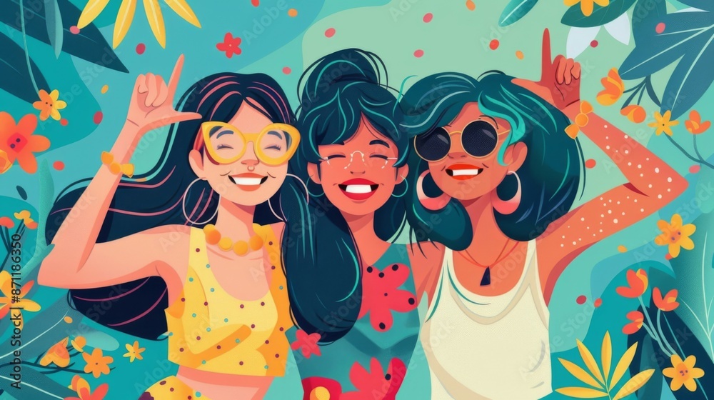 Three friends wearing sunglasses and smiling brightly, enjoying a sunny day together amidst a tropical, floral background. Animated and vividly illustrated. Three friends wearing sunglasses and smiling brightly, enjoying a sunny day together amidst a tropical, floral background. Animated and vividly illustrated.