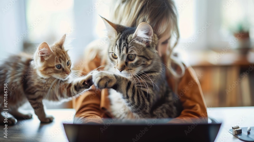 Two cats are actively interacting with a laptop on the table, displaying an inquisitive nature by placing their paws on the keyboard, in a warm and cozy home setting. Two cats are actively interacting with a laptop on the table, displaying an inquisitive nature by placing their paws on the keyboard, in a warm and cozy home setting.