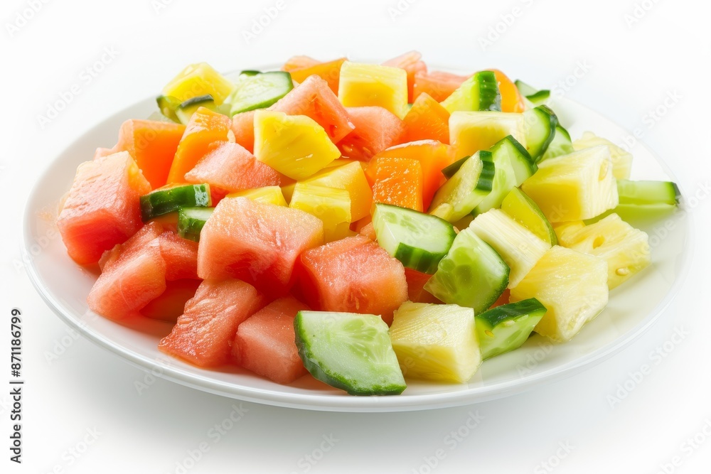 Fruit salad with peanut sauce on white plate and background Fruit salad with peanut sauce on white plate and background