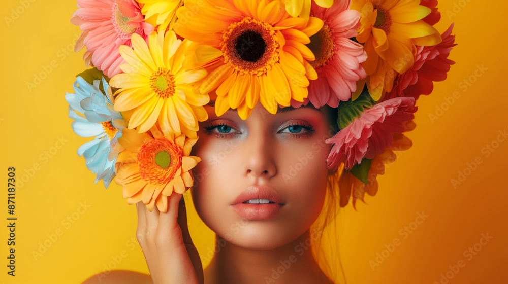 A woman wearing a flower crown with a yellow background