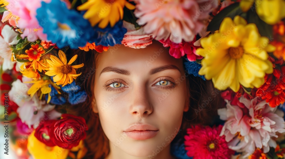A woman is wearing a flower crown and has her face in the center of the image. The flowers are in various colors and are arranged in a way that covers her head and face A woman is wearing a flower crown and has her face in the center of the image. The flowers are in various colors and are arranged in a way that covers her head and face