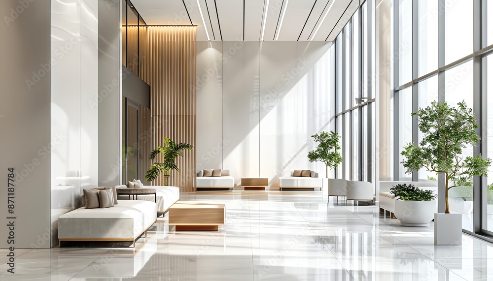 Fototapeta premium Modern office lobby with large windows, comfortable seating, and natural light.