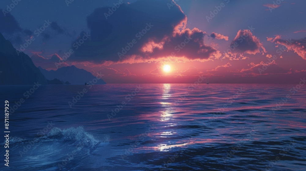 A peaceful sunset casts vibrant colors over the calm ocean, with distant mountains silhouetted against the sky, creating a serene and picturesque seascape. A peaceful sunset casts vibrant colors over the calm ocean, with distant mountains silhouetted against the sky, creating a serene and picturesque seascape.