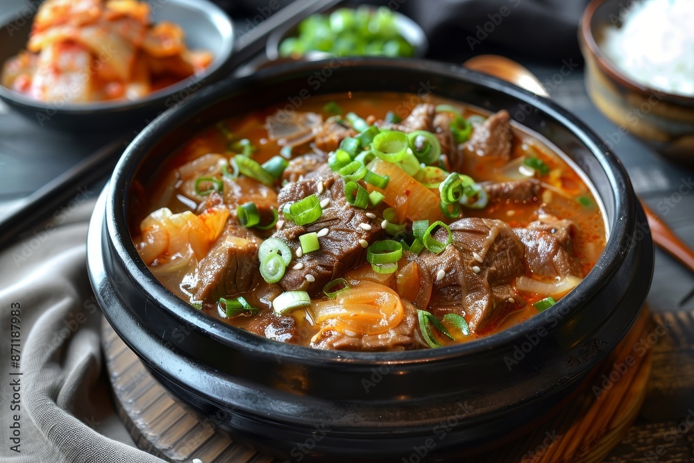 Gori Gomtang stew with Kimchi and Green Onion in Black Bowl Gori Gomtang stew with Kimchi and Green Onion in Black Bowl