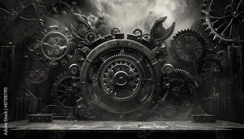Abstract black and white image of a futuristic cityscape with large gears and machinery.