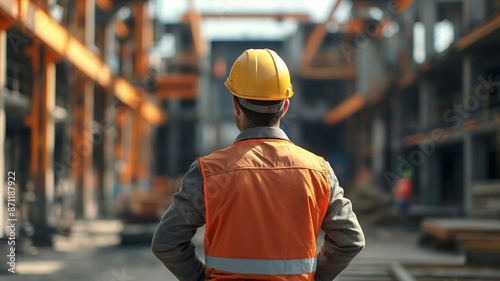 Rear view of civil engineer constructor looking at construction building at the site.