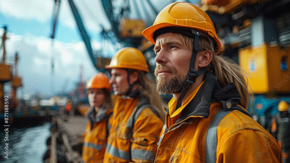 Portrait of a worker in yellow protective jacket and helmet on the background of a construction site, blur effect in the backgraund Portrait of a worker in yellow protective jacket and helmet on the background of a construction site, blur effect in the backgraund