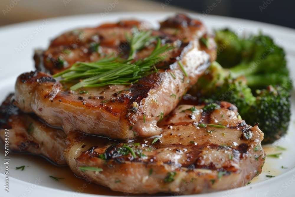 Grilled pork chops with garlic herbs and bone in served with blanched broccoli Grilled pork chops with garlic herbs and bone in served with blanched broccoli