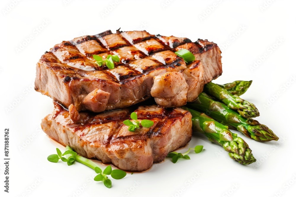 Grilled pork fillet steak and asparagus on white background Grilled pork fillet steak and asparagus on white background