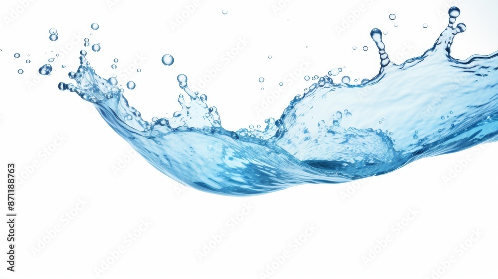 An elegant and fluid water splash is depicted frozen in time against a clean white background, highlighting the beautiful curves and transparency of the water in a minimalist style. An elegant and fluid water splash is depicted frozen in time against a clean white background, highlighting the beautiful curves and transparency of the water in a minimalist style.