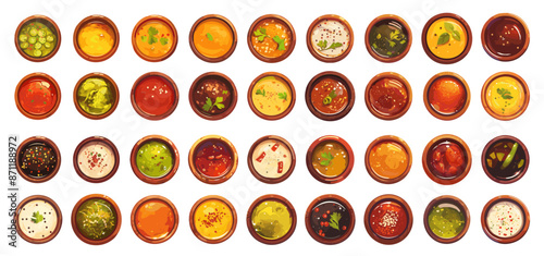 Cartoon dipping sauces top view set. Mayonnaise sauce mustard curry ketchup pesto guacamole spicy dips or soup in bowls vector illustration
